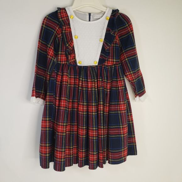 New Trish ScullyLong Sleeve Tartan Plaid Dress Swiss Dot Christmas Size 7